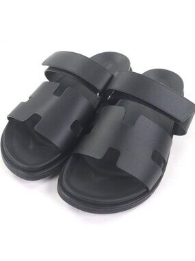 Hermes Chypre Leather Hlogo Slide Sandals Shower Black 42.5